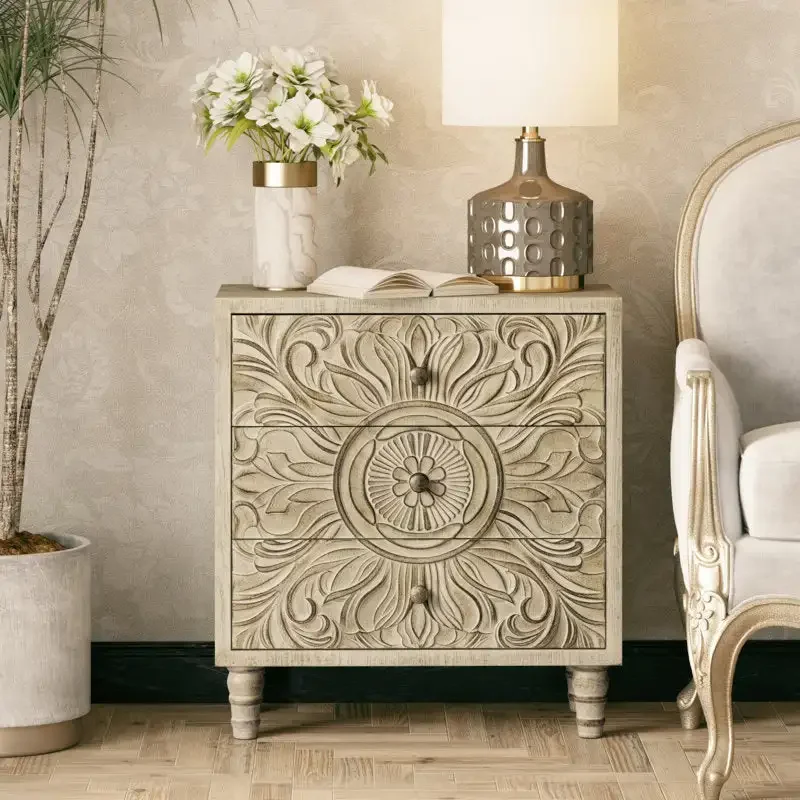 Compact three-drawer dresser, hand-carved wooden flower-carved decorative box, bedroom entrance passage, living room locker