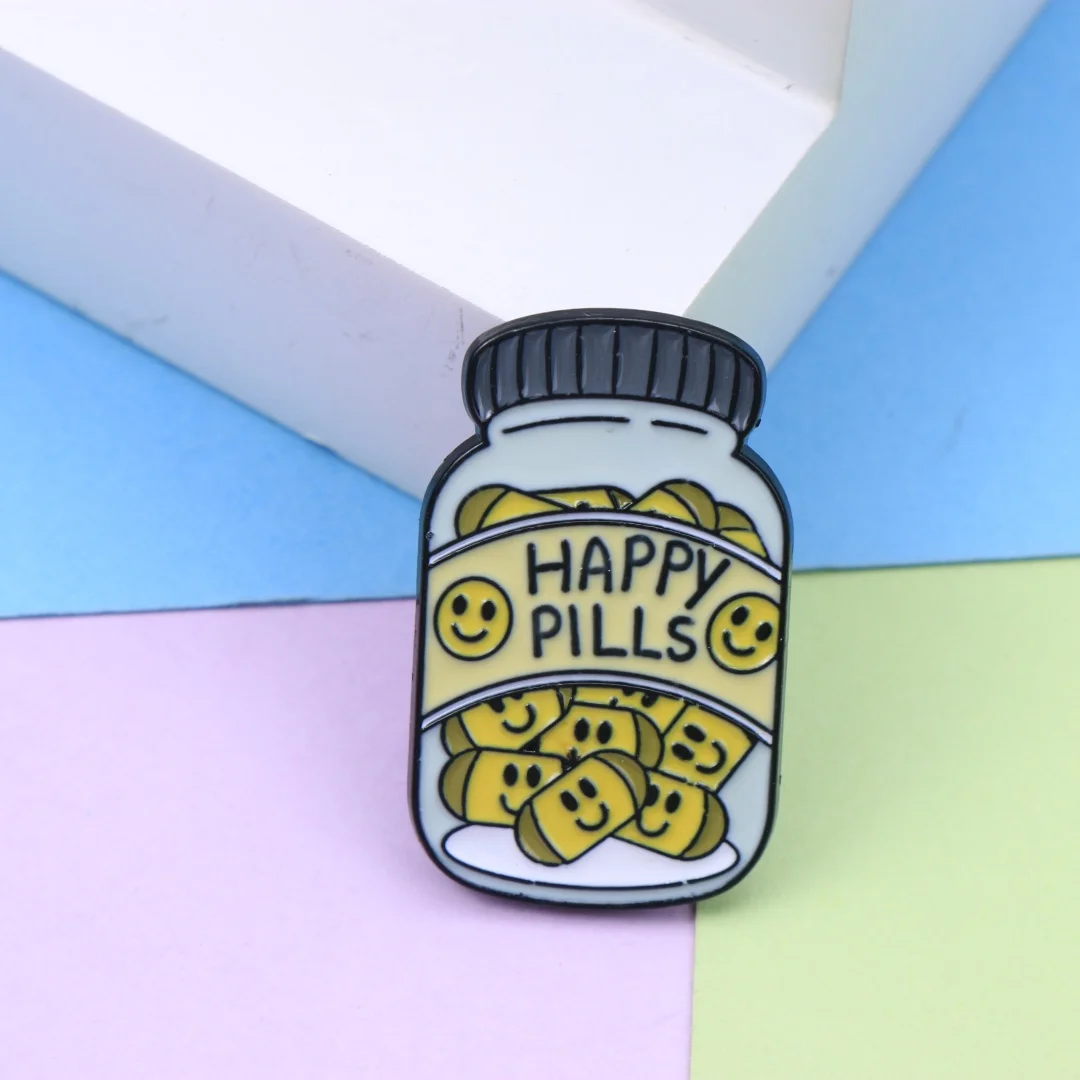 Cartoon Punk Slogan Enamel Lapel Pin Metal Brooch Badge, Funny Happy Pills Smile Face Jar Letter Design BackpackOrnament