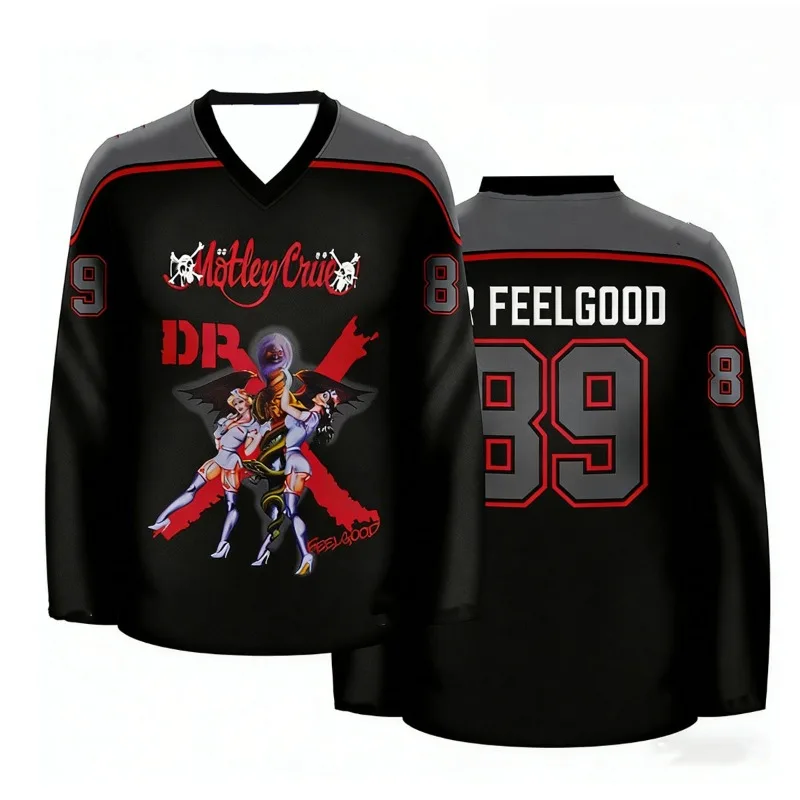 Men's 81 Founded Print Ice Hockey Jersey Unisex V-Neck Red Black Striped Streetwear Casual Sports Uniform for Rock Music Fans
