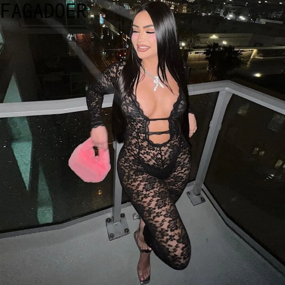 

FAGADOER Black Sexy Thick Lace Perspective Hollow Nightclub Jumpsuits Women Long Sleeve Zipper Bodycon Playsuits Fashion Overall