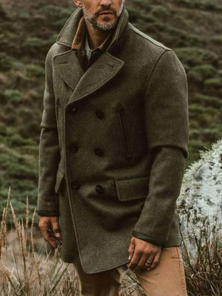 Olive Green Lapel Double Breasted Coat Men Mid Length Outdoor Daily Outer Jacket