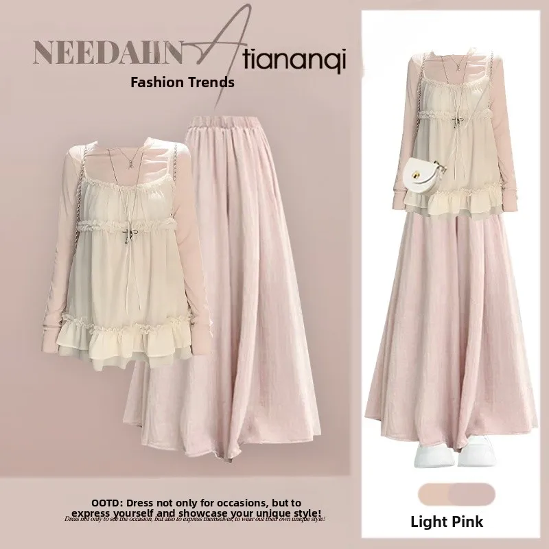 

Pink Long Sve Ruffle Knit Top And High Waist Slimming Skirt Two Piece Set Sweet Youthful Faionable Spring Outfit for Women