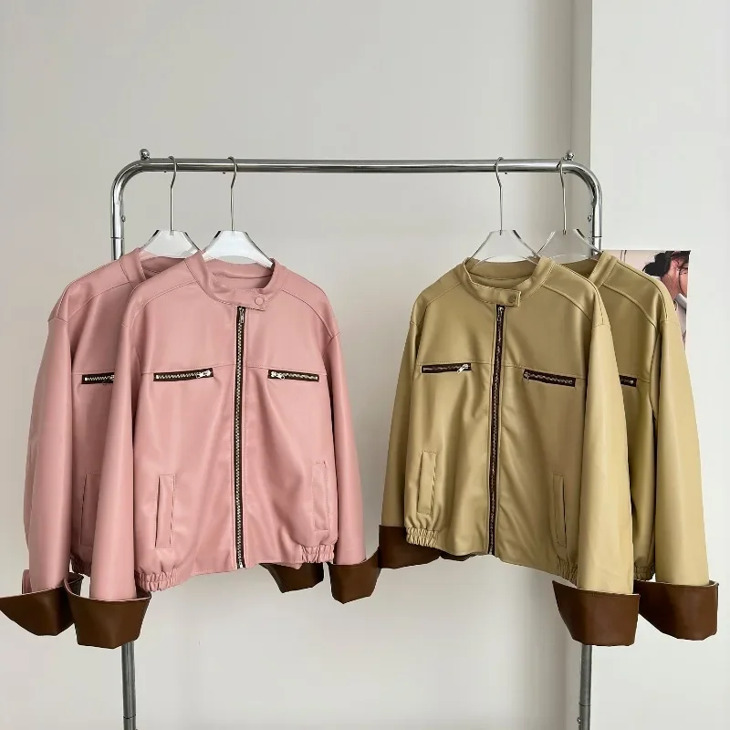 Blouson en cuir PU pour femme, col rabattu, manches longues, fermeture éclair, design patchwork, automne, nouveau, 2024