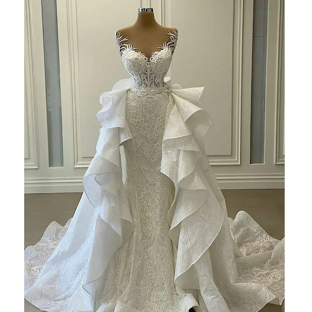 Fasion 2024 White Lace Appliques Wedding Dresses Sleeveless Detachable Train Formal Occasion Elegant Women Elegant Evening Dress