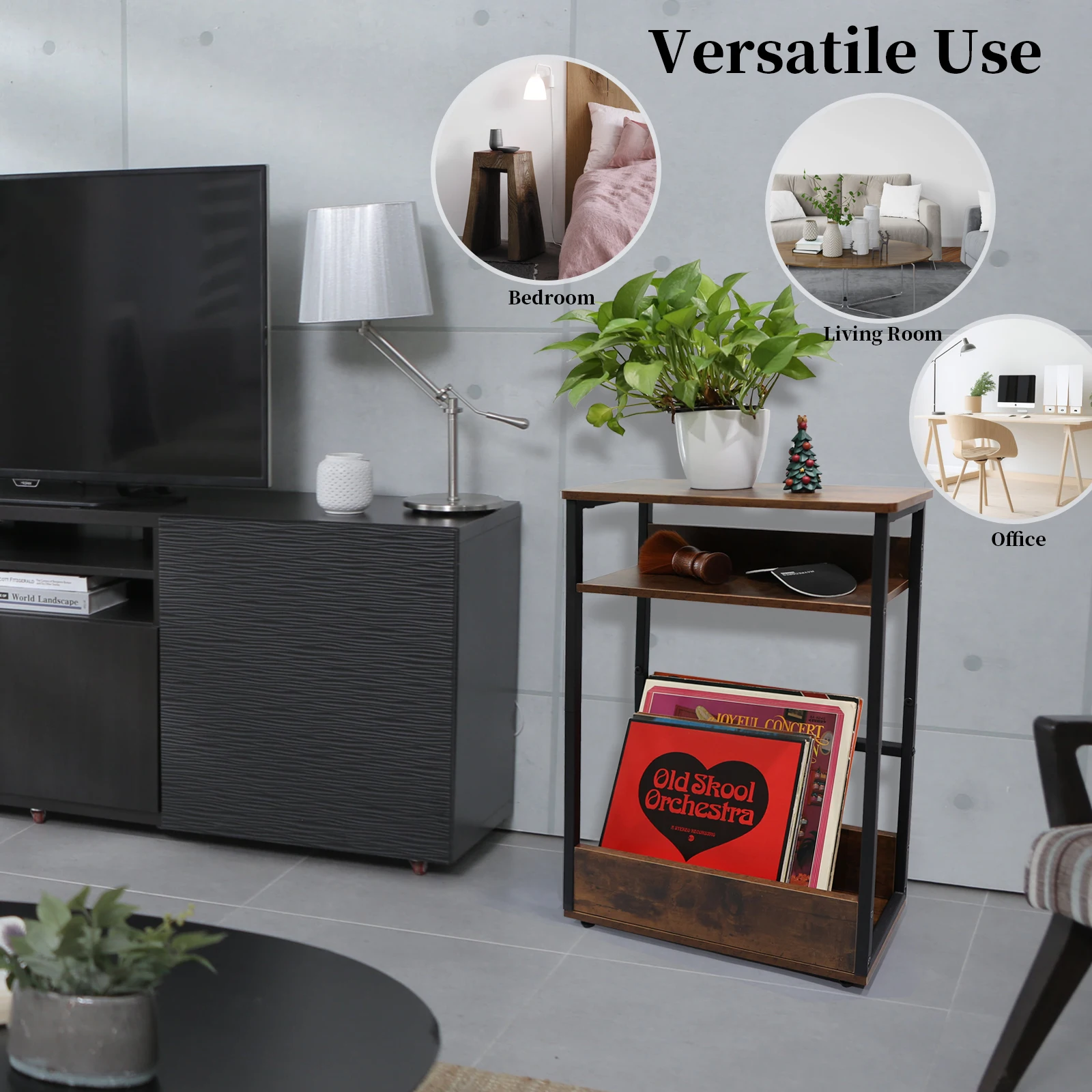 Vinyl Record Storage Holder Rack Large Capacity Wooden Iron Display Table for Books Magazines Multi-function Three Layer Shelf