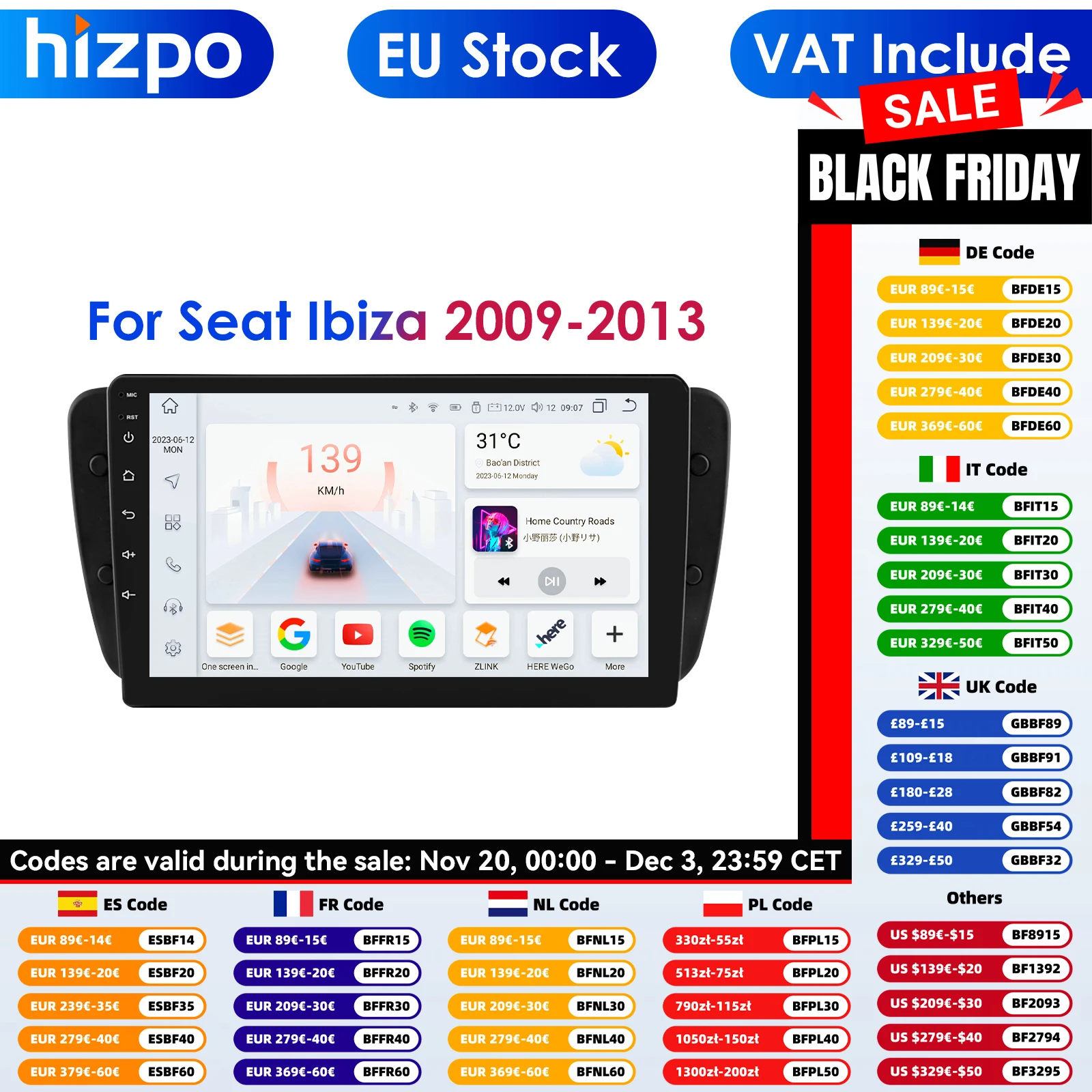 Android 14 Radio de coche para Seat Ibiza 6j 2009 2010 2012 2013 navegación GPS 2 Din pantalla táctil Audio Multimedia WIFI 2din Monitor