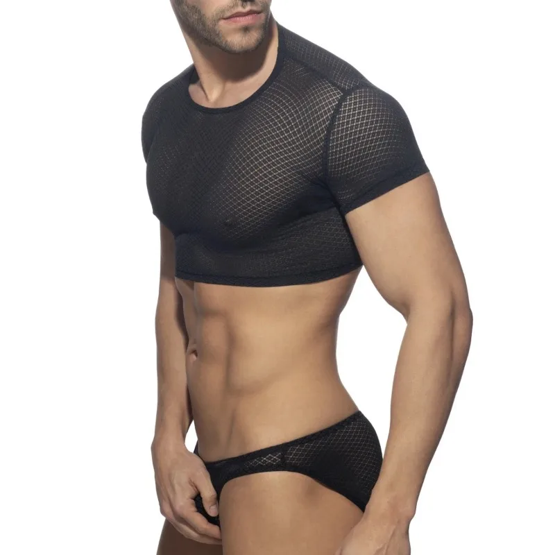 AD Новое мужское нижнее белье, сетчатая кружевная футболка, нейлоновая шелковистая однотонная модная пляжная футболка LX501
