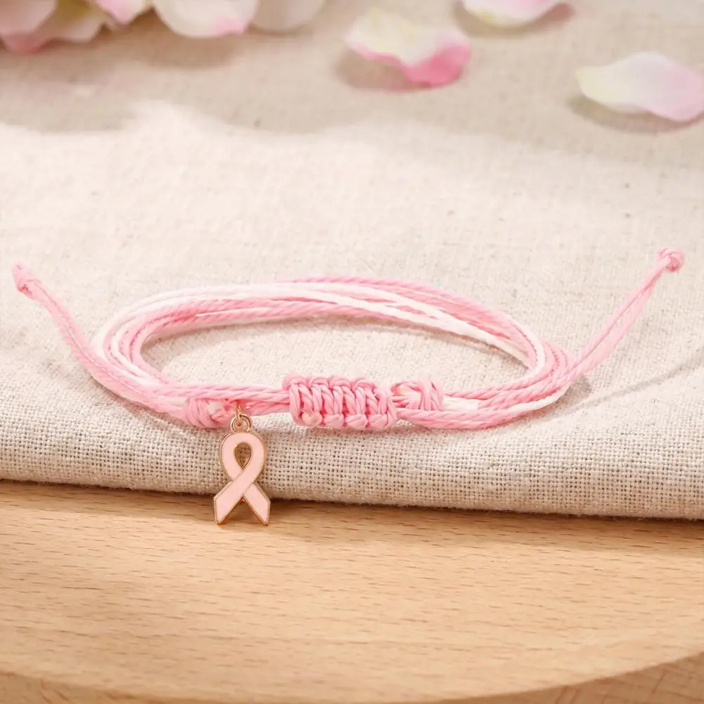 Breast Cancer Awareness Gifts Breast Cancer Awareness Bracelet for Women Adjustable Woven Ribbon Charm Wristband for Women