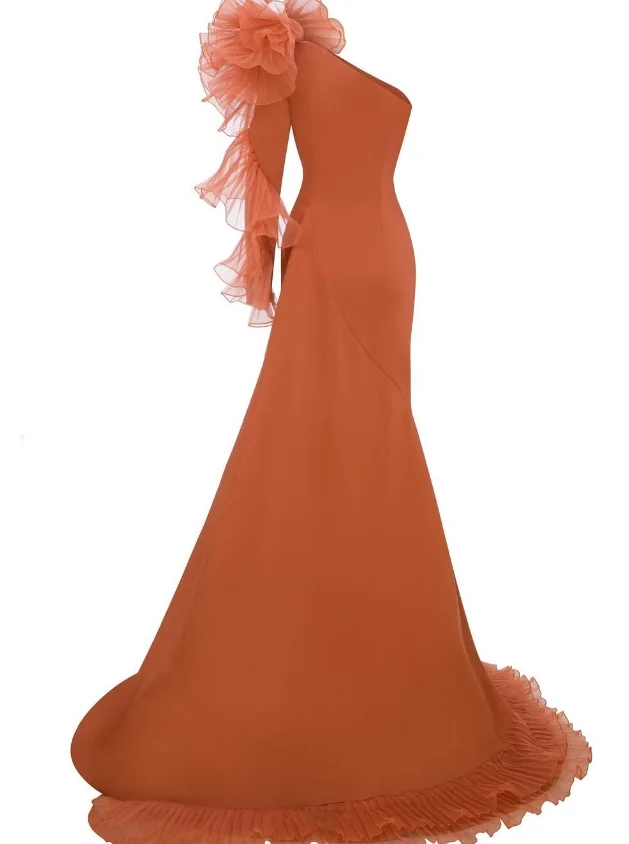 تخصيص رائع برتقالي واحد الكتف كم فساتين حفلة موسيقية الخصر التخسيس ذيل السمكة الطابق الكشكشة مزين مناسبة رسمية