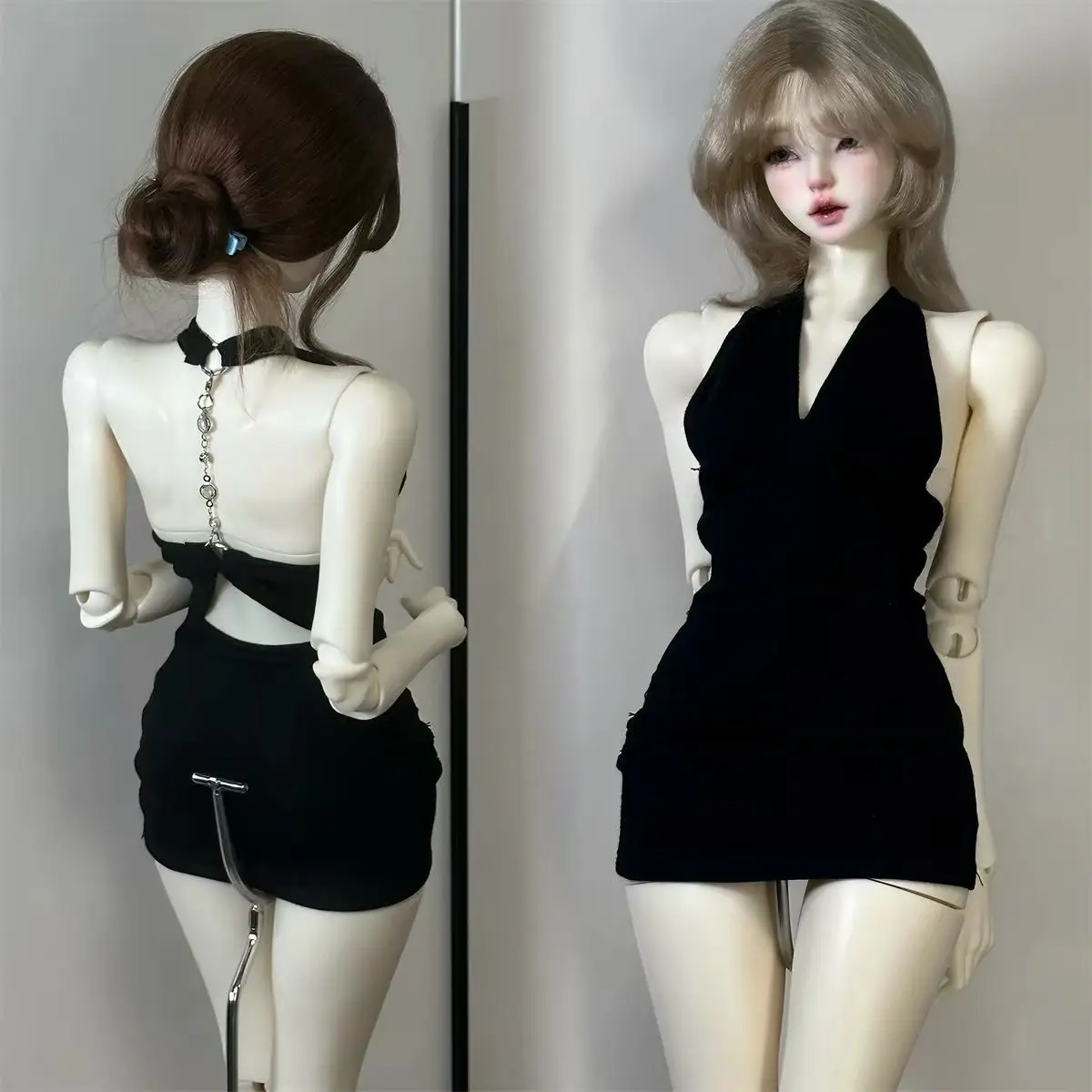 Trendy Halter Backless Bodycon Doll Dress for 45Cm 1/4 Bjd Doll, Leopard Print Solid Black Decor Mini Skirt Doll Outfit, No Doll