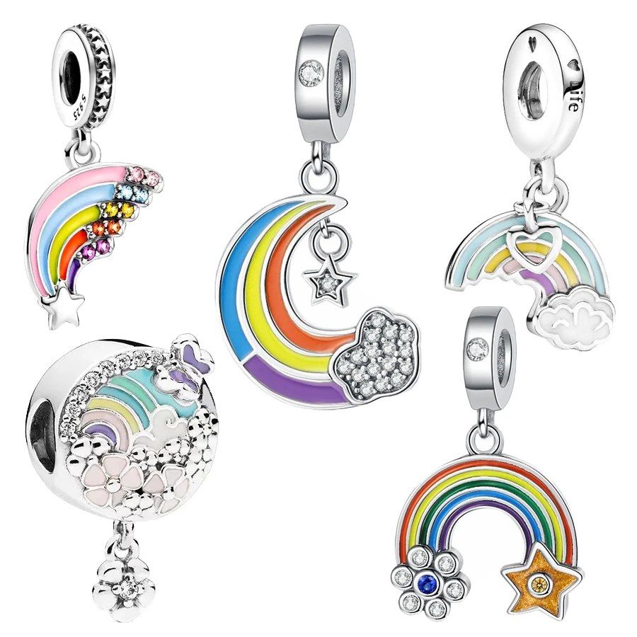 New Arrivals Fine Moon&Star Rainbow Dangle Charm Bead Fit Original 925 Sterling Silver Bracelet DIY Fashion Jewelry Gift