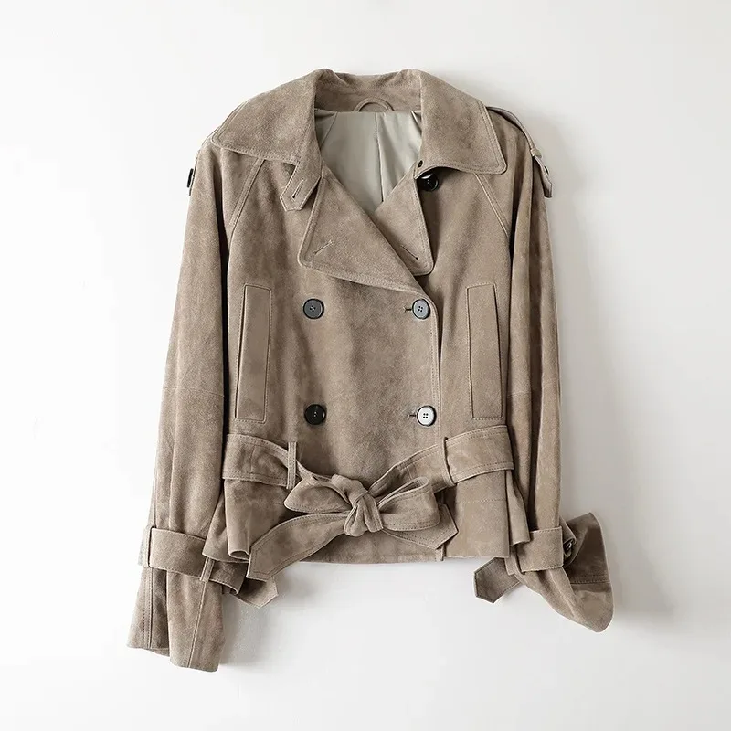 Retro Maillard Color Suede Leather Jacket For Woman Double Breast Bowknot Belt Short Coat Femme Epaulet Trench Coat