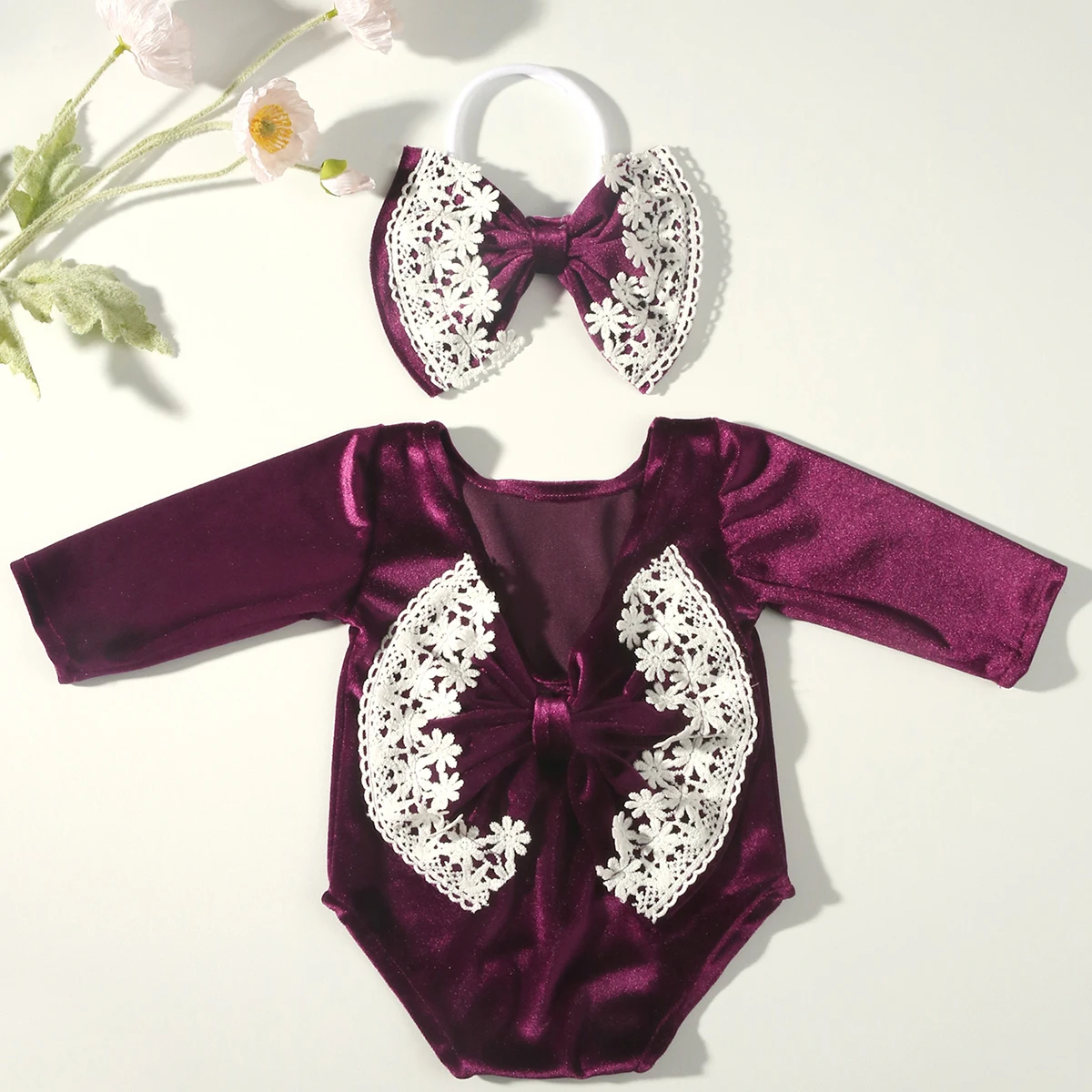 Ylsteed Newborn Girl Photography Outfit Baby Velvet Back Bowknot Lace Romper with Bow Headband Infant Photo Shooting Props