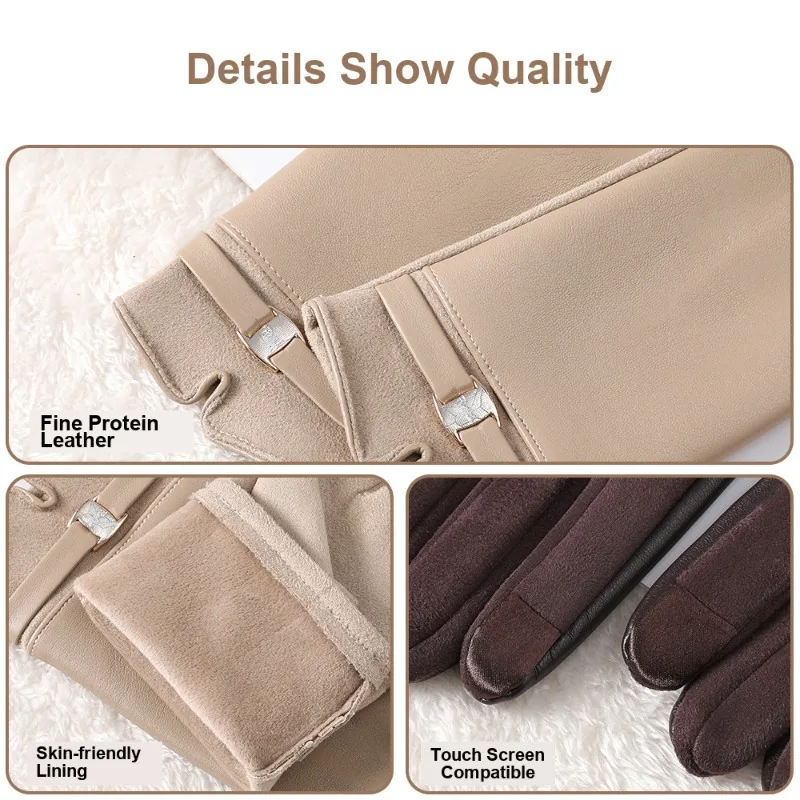 Women s PU Winter Gloves Cold Resistant Windproof Thick Fleece Lined for Cycling Driving Outdoor Touch Screen Use