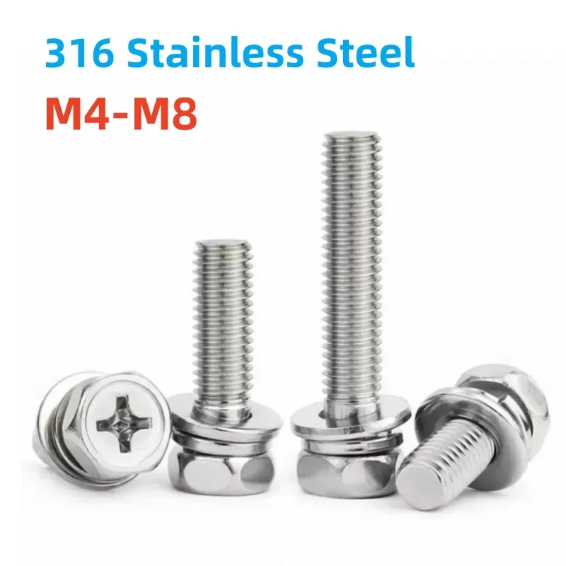 M4 M5 M6 M8 316 Stainless Steel Cross recessed Hex Head with Washer Sem Screw Flat Washer Spring Gasket Assemble Bolt