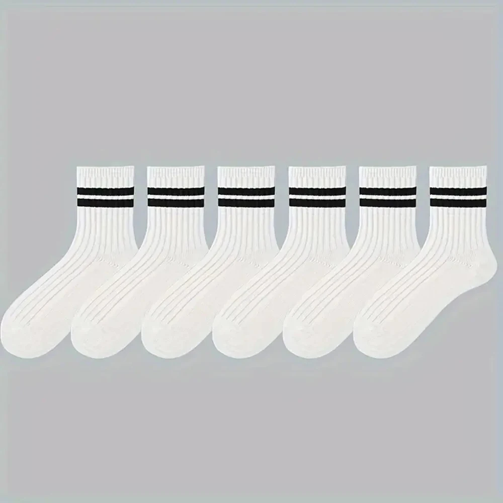 6 Pairs Men Medium Length Socks Simple Versatile Casual Black White Striped Breathable High-Quality Casual Round Neck Socks