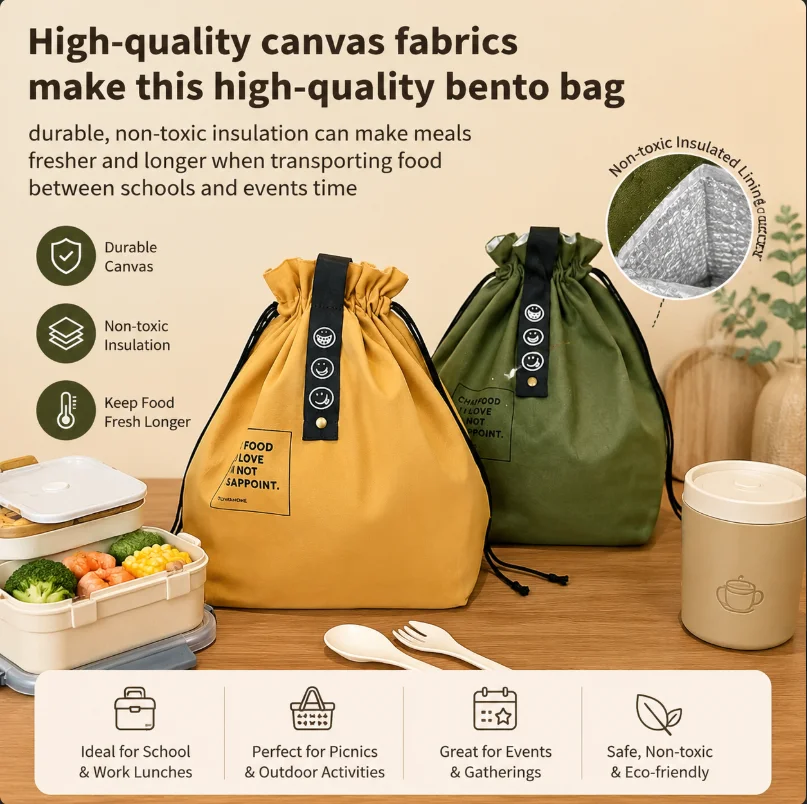 Canvas Insulated Lunch Bag with Drawstring Closure Wide-Open Foldable and Lightweight Lunch Tote Bag for Work Office Picnic