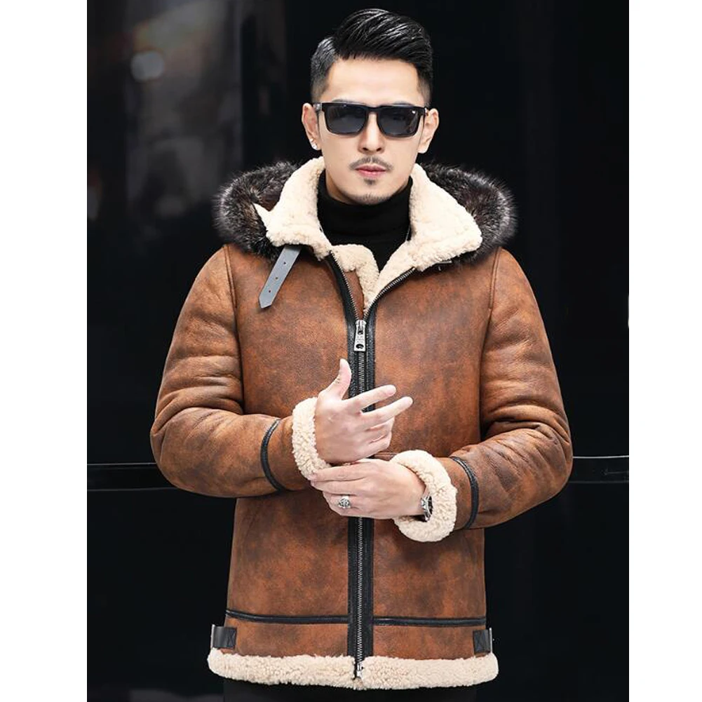 

Denny&Dora Short Sheepskin Jacket For Men Raccoon Collar Jacket Shearling B3 Jacket