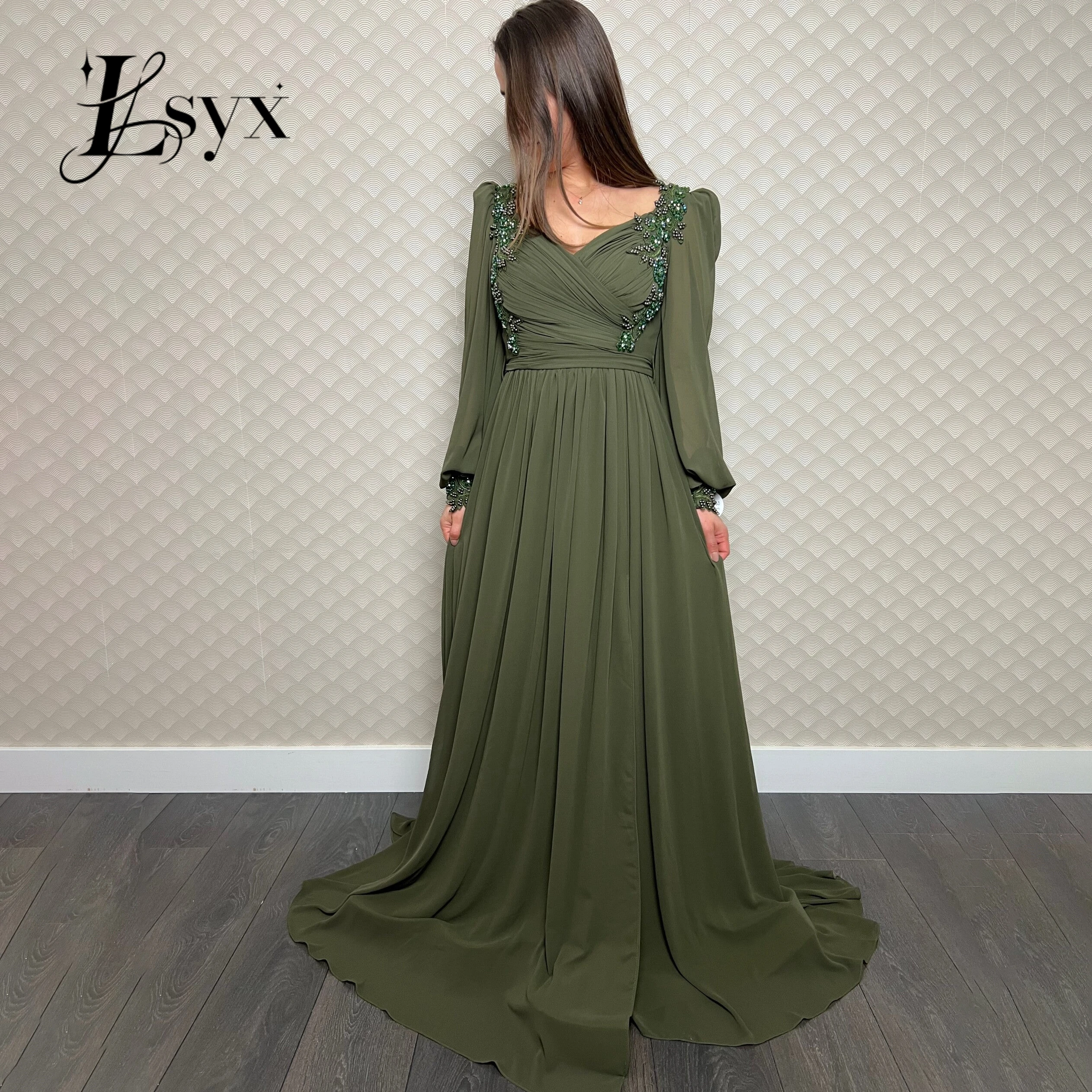 LSYX-Sexy Longo Puff mangas vestidos de noite, simples V-Neck, Lace Up, andar de comprimento, vestidos de festa formais