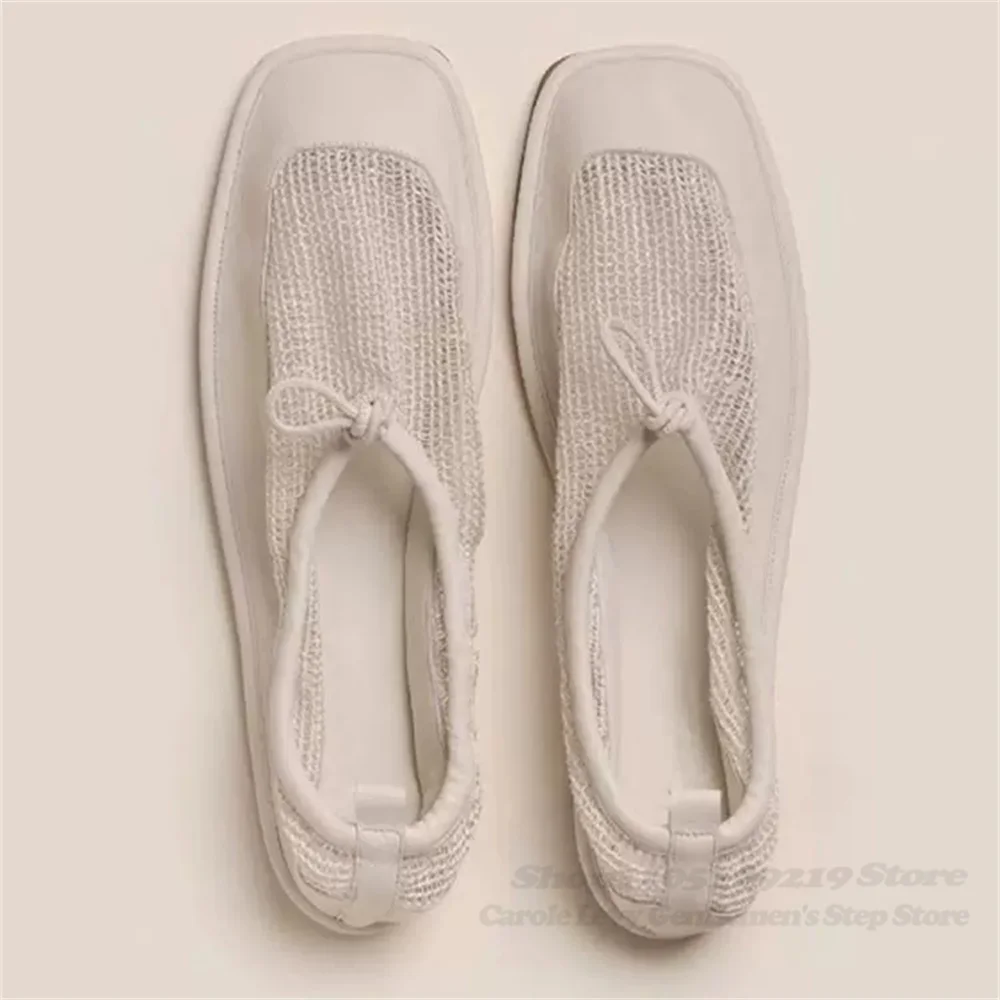 Casual Summer Breathable Mesh Shoes Retro Square Toe Leather Shoes for Men and Women One Foot Slip Loafers Trendy Ballet Shoes