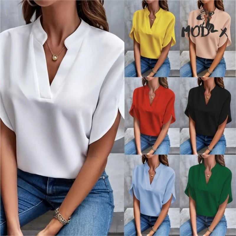 

MODX Cross-border Foreign Trade Women's 2024 Summer Casual Solid Color V-neck Loose Shirt Blouse Women Hot New