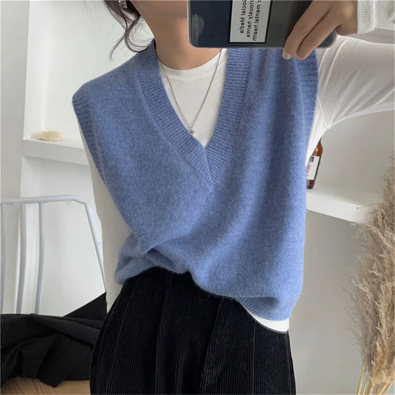 

Korean Simple Sleeveless Knitted Sweater Vests Women Casual Solid Loose Outerwear Waistcoat Pullover Tops Jumper Female Clothing