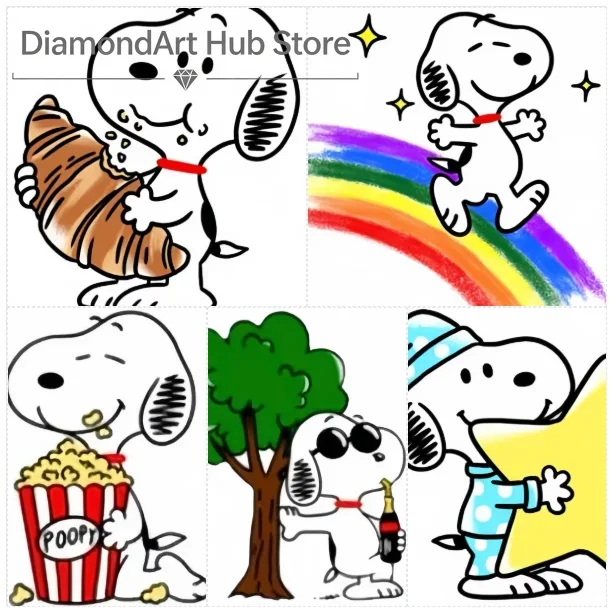 5D DIY Diamond Painting Cute Snoopy Peanuts Cartoon Art, Snoopy With Croissant, Jumping Over Rainbow, Popcorn, Tree Party