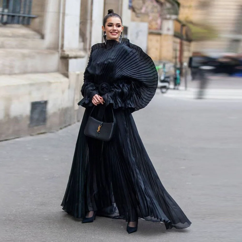 

Couture Black Pleated Long Evening Dresses With Puff Sleeves Fashion A-line Pleated Women Party Dress With Lining
