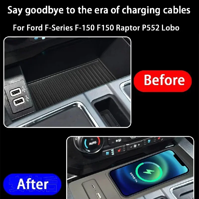 QI 15W Fast Charging Pad Center Console Storage Wireless Mobile Phone Charger for Ford F-Series F-150 F150 Raptor P552 Lobo