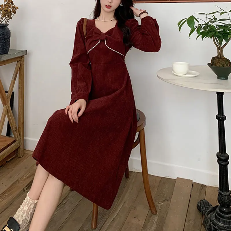 Corduroy Stylish Bow Beading Dresses Female Clothing French Style A-Line Waist Autumn Winter Vintage Elegant V-Neck Midi Dress