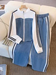 New Fashion Female Trousers Set Autumn Winter Fake Two Pieces Denim Coat Wide Leg Pants Two-Piece Women's Casual Sports Sets