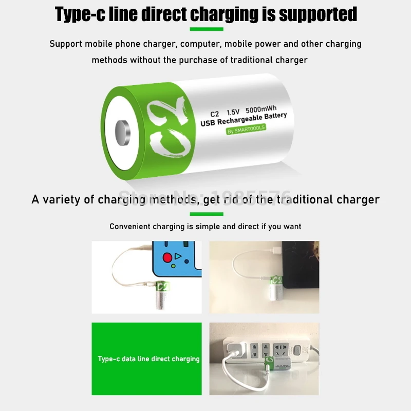 1.5V 5000mWh C Kích Thước Lithium Li-Polymer Loại C USB Sạc Pin Sạc USB Bộ Dây Cáp