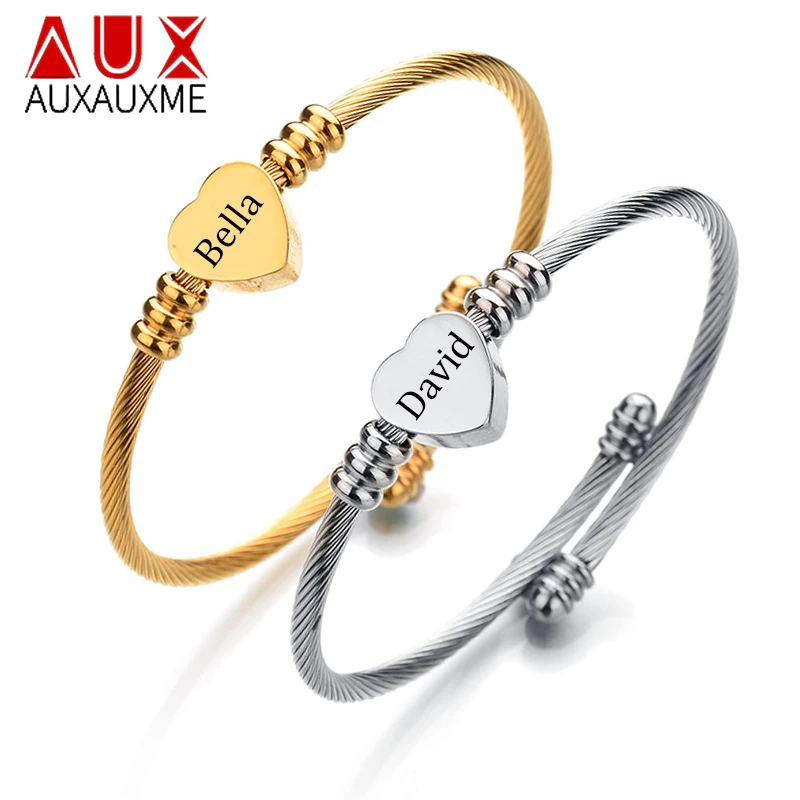 Pulseira de coração de aço inoxidável personalizado gravado a laser data de texto logol para presentes de jóias femininas auxauxme nome personalizado