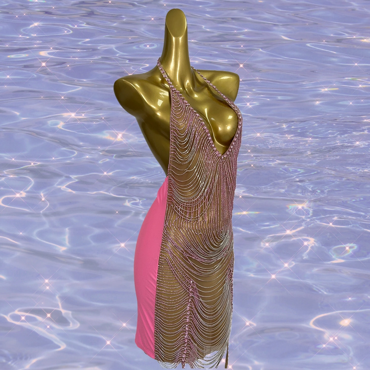 

Glitter Pink Diamonds Chain Short Prom Dresses Sheer Mesh Sparkly Rhinestone Birthday Cocktail Party Homecoming Gowns Yuanpan