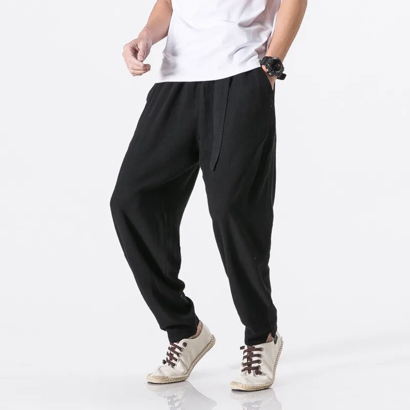 Chinese Style Cotton and Linen Pants, Men's Loose Casual Straight Leg Pants, Wide Leg Harlan Pants, Lace Up Linen Pants