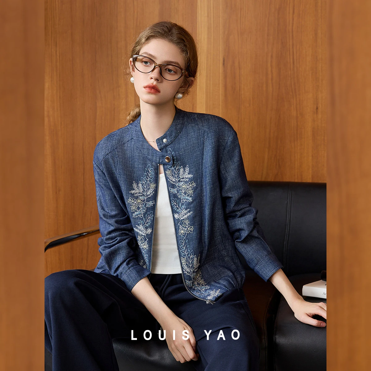 LOUIS YAO Embroidered Denim Jacket 2026 Autumn Artsy Loose Fit Denim Coat Drop Shoulder Loose Casual Versatile Top