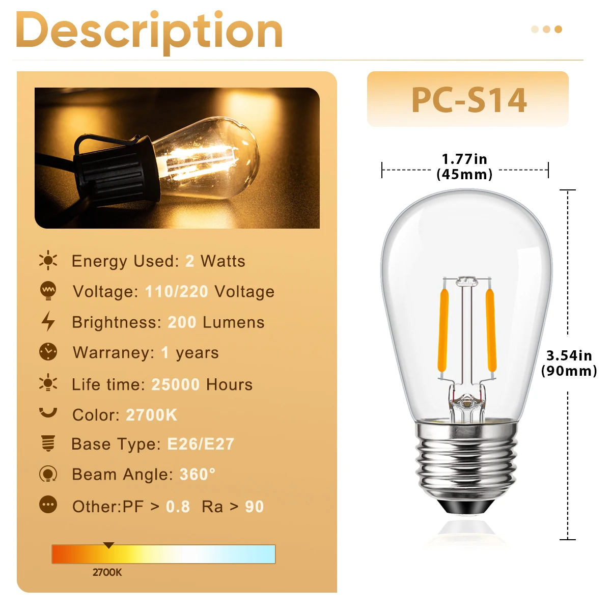 Bohlam lampu S14 tahan pecah, bohlam lampu dapat diredupkan 220V 110V 2W plastik putih hangat untuk dekorasi tali taman luar ruangan