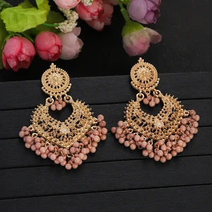Boho Gold Color Heart Shape Carved Flower Dangle Earrings Women Indian Jhumka Earrings Retro Pink Beads Tassel Jewelry 2023 6 최고의 판매 Jhumka Earrings -№6