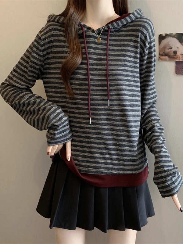 Dstring هوديي طبقة قاعدة مخططة irt المرأة ربيع الخريف جديد حجم كبير التخسيس الكورية Sle شيك ort الأعلى