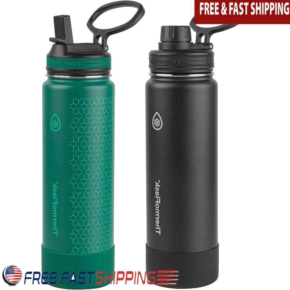 

Double Wall Insulated Stainless Steel Water Bottles 2-Pack Vacuum Seal Spill Proof Reusable Chug Straw Lid Easy Carry