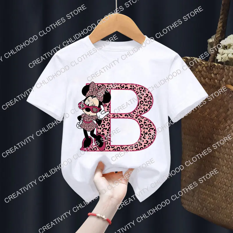 Minnie Children T-Shirts Letter A-Z Name Combination Disney Kawaii Cartoons Clothes Kids Little Boy Girl Tee Shirts Casual Tops