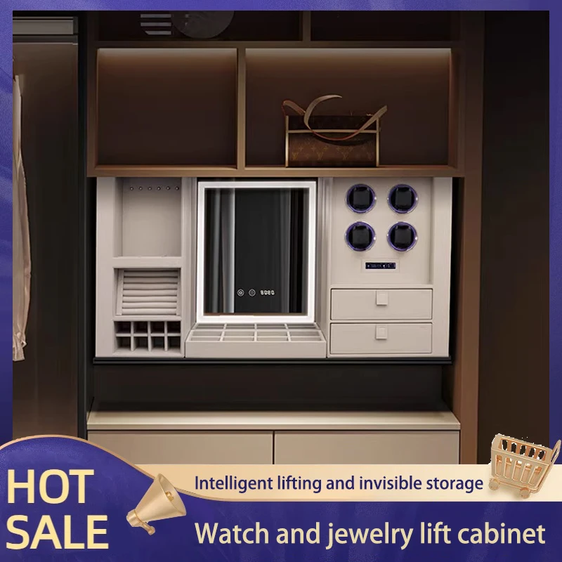 

Voice Controlled Dressing Room Cabinet Motorized Lift Pull Out Basket Leather Jewelry Organizer Vanity Mirror Storage System