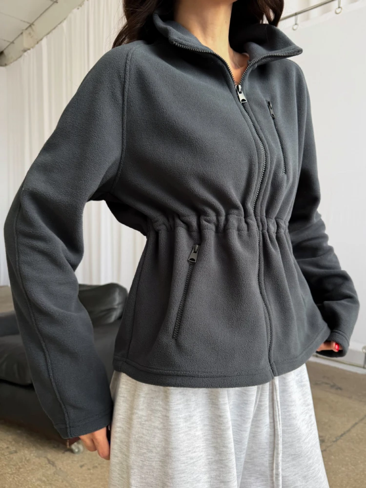 Fashion Casual Polar Fleece Sweatshirt Drawstring Stand Collar Long Sleeve Slim Coats Autumn Women Cozy Outerwea