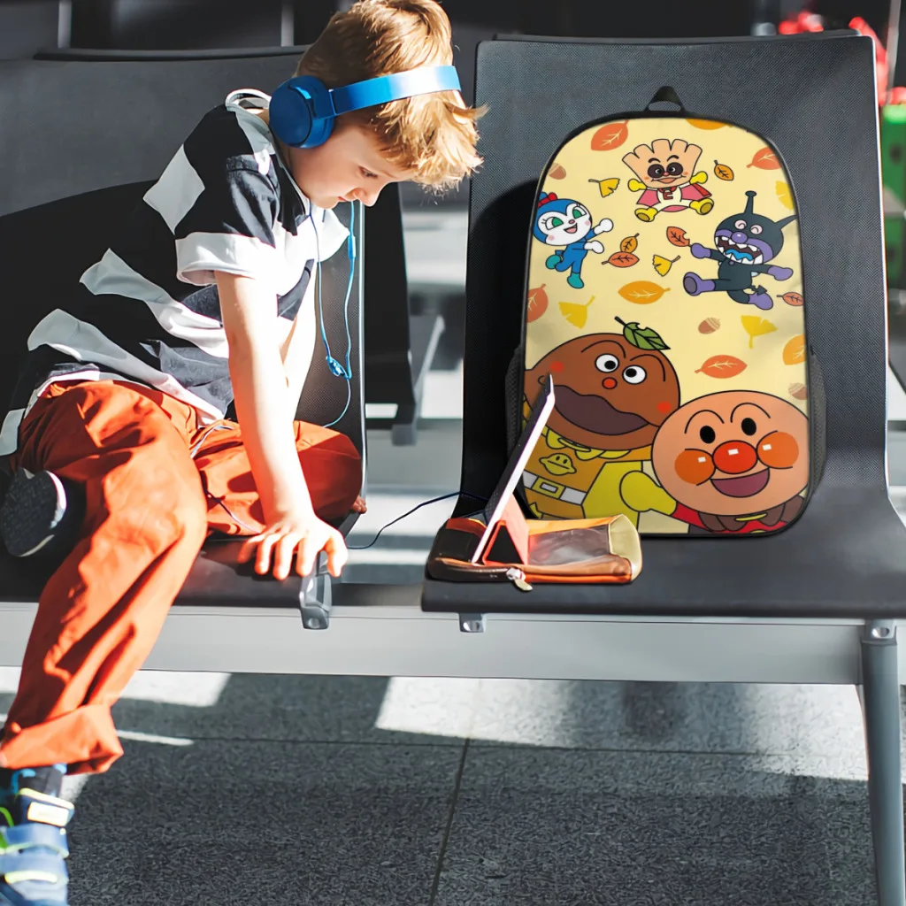 Cartable de dessin animé Anpanman mignon pour garçons, grande capacité, sac à dos étudiant, sac à dos de lycée, 17"