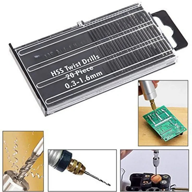 

20pcs 0.3mm-1.6mm Silver High Speed Steel Drill Bit Set HSS for Precision Crafts Watch Repair Modeling Electronic Products