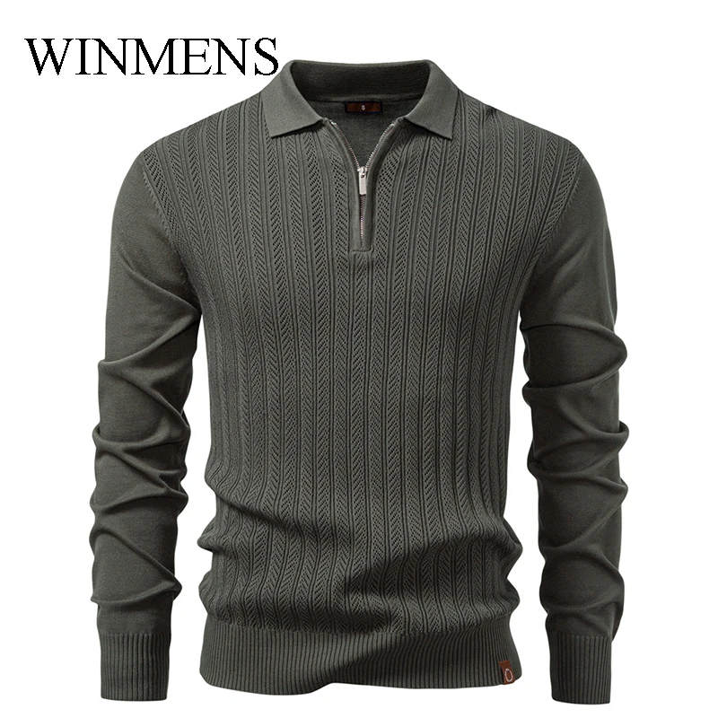 

New 2025 Autumn and Winter Men's Pullover Sweater Solid Jacquard Youth Thin Knitwear Half-zipper Turn Down Collar Male Shirts