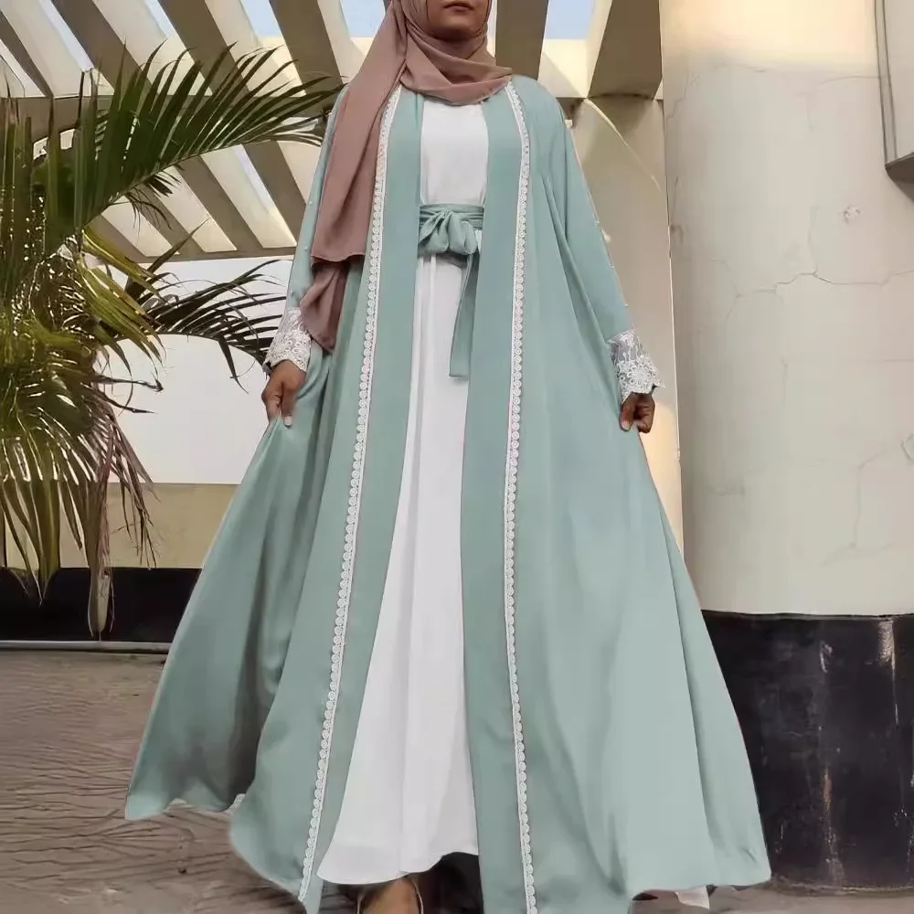 

Middle East Lace Embroidered Robe Fashion Spliced Open Loose Cardigan Dubai Abaya Muslim Women Long Robe