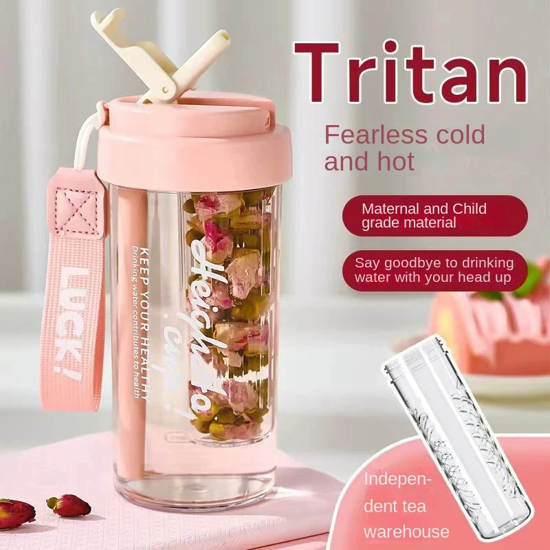 600ML Water Cup Handy Cup Sports Water Bottle Food Grade Material Tea Partition Water Cup Female Straw Cup Summer Portable