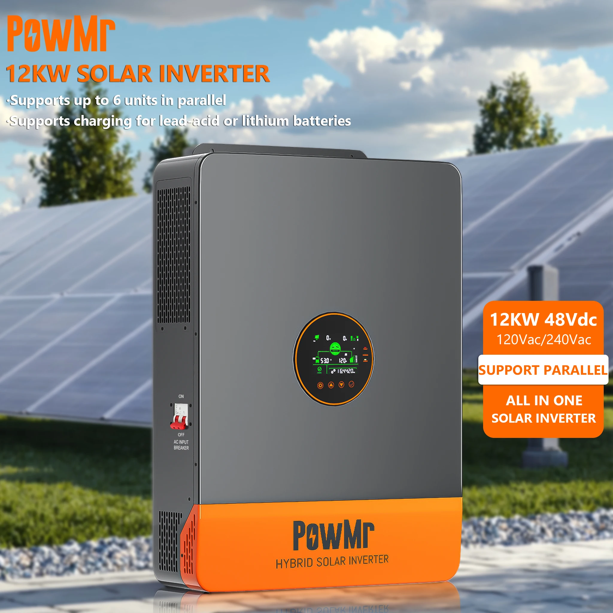 

Гибридный солнечный инвертор PowMr с низкой ценой, высокой выходной мощностью 12 кВт, 120/240 В переменного тока, однофазный/двухфазный, 2 MPPT, максимальная мощность от солнечных панелей 13200 Вт