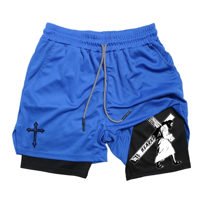 شورت Angel Cross Graphic 2 في 1 للتمرين والجري للرجال، شورت رياضي سريع الجفاف مع جيب للهاتف، حلقة منشفة، ملابس رياضية